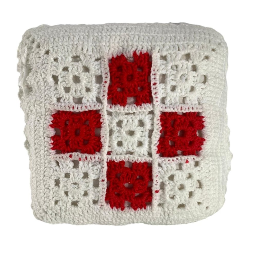 Crochet White Red Granny Square Throw Pillow Ruffle Edge 13" Square Boho